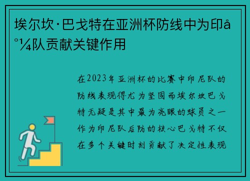 埃尔坎·巴戈特在亚洲杯防线中为印尼队贡献关键作用 埃尔坎·巴戈特在亚洲杯防线中为印尼队贡献关键作用
