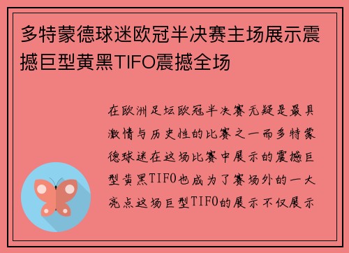 多特蒙德球迷欧冠半决赛主场展示震撼巨型黄黑TIFO震撼全场
