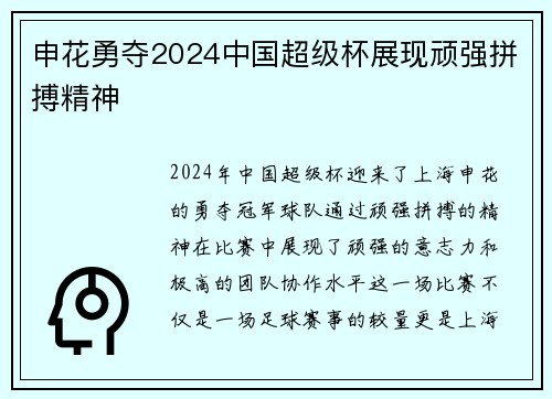 申花勇夺2024中国超级杯展现顽强拼搏精神